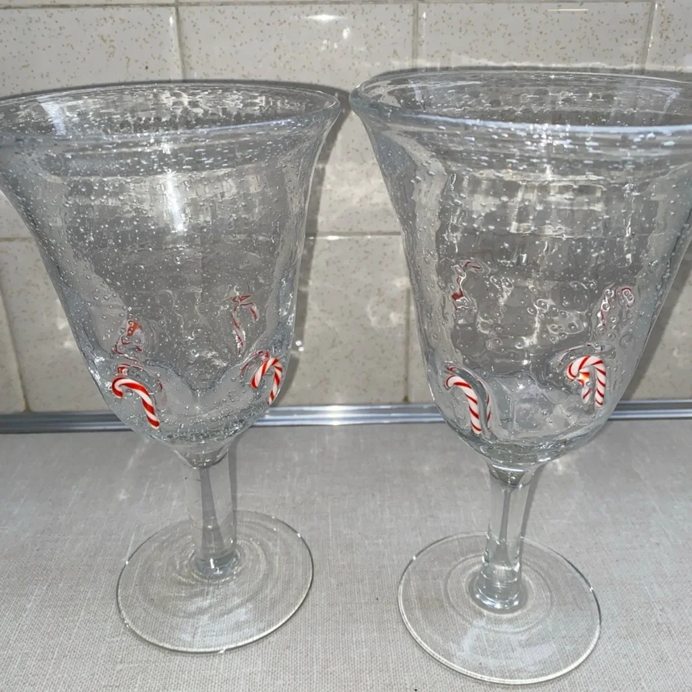 ARTLAND GOBLETS‎ Holiday Candy Canes Clear Seeded Bubble Hand-Blown Glass Set 2